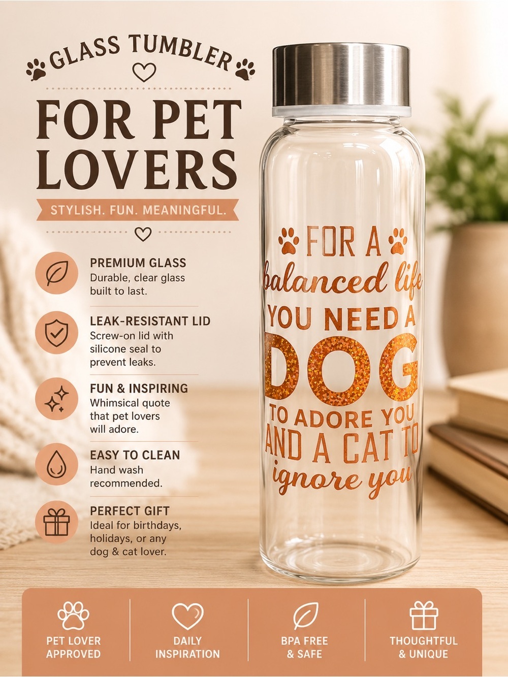 Hand Crafted Clear Glass Pet Lover Tumbler with Orange Text